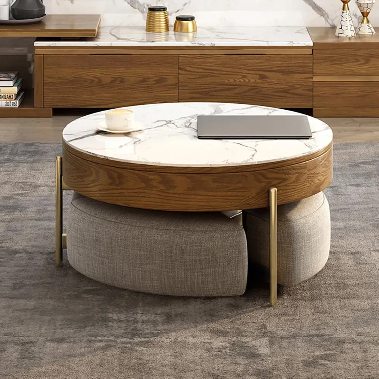 Espedita Modern Round Lift Top Coffee Table Set with Storage 3 Ottomans Brown